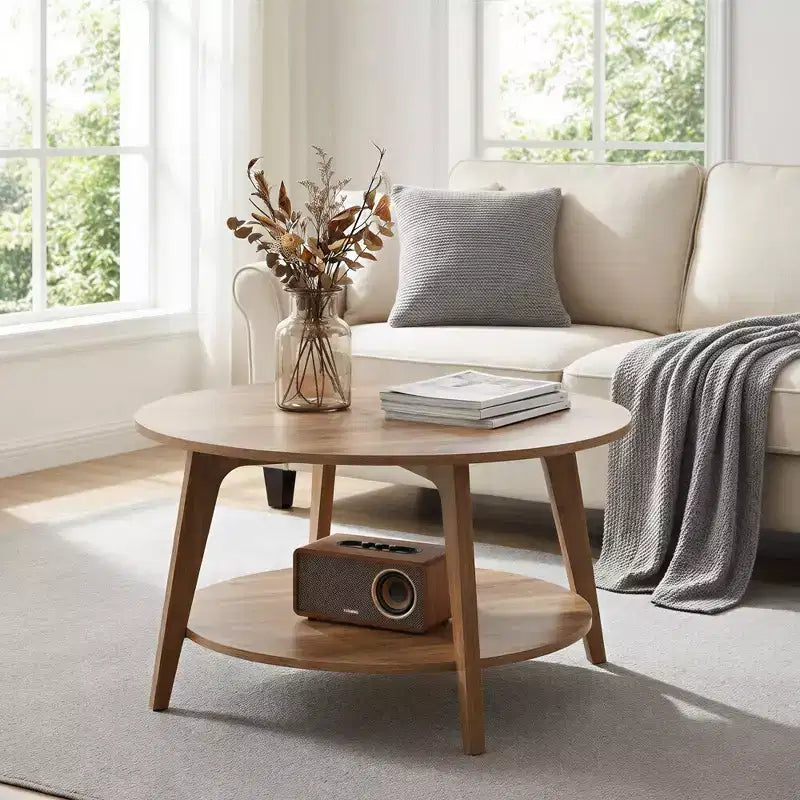 Tavolino rotondo color miele con 2 ripiani, misure 80 x 45 cm, ideale per il soggiorno
