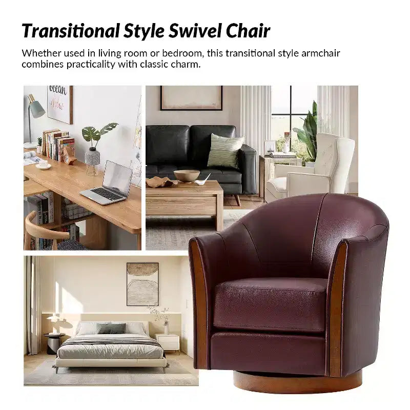 Poltrona a botte girevole Pocono in vera pelle con base in legno massello - Set da 2Artful Living Design