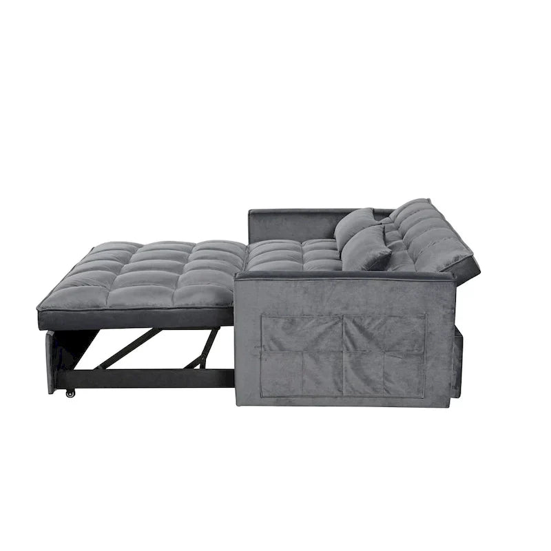 Divanetto futon moderno in velluto con schienale reclinabile e tasche, 2 posti – Grigio scuro / Grigio chiaro / Blu / Nero