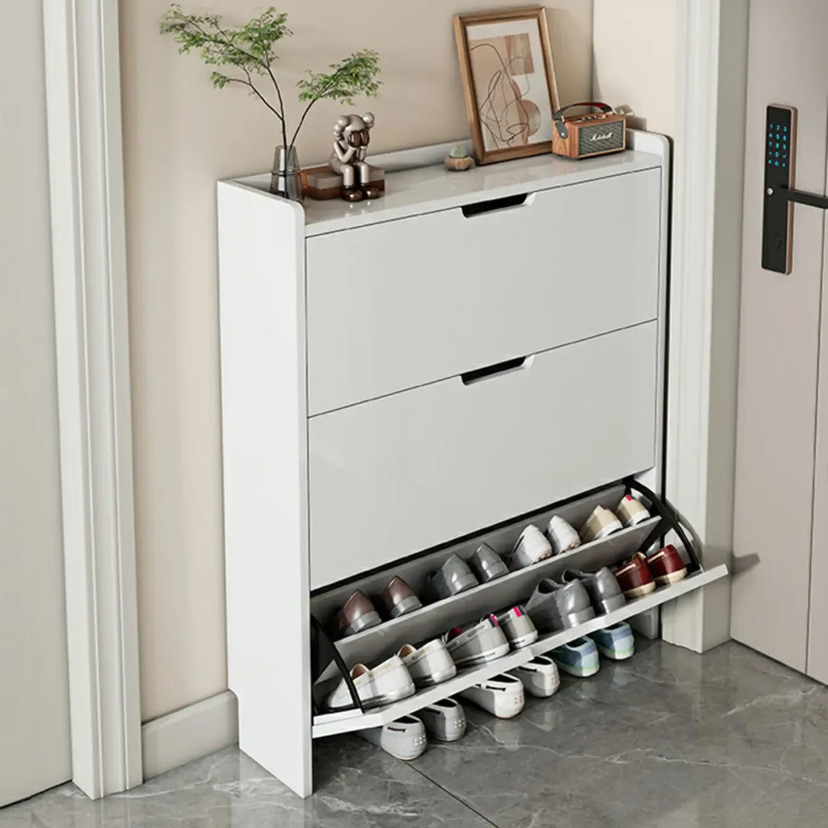 Meuble à chaussures 3 niveaux en bois blanc avec portes abattantes