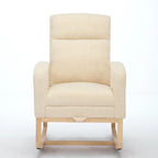 Poltrona a dondolo moderna con schienale alto da 75 cm, imbottita, con gambe in legno massello e poggiapiedi regolabile