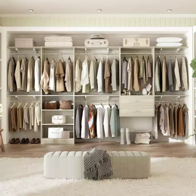 Sistema armadio autoportante con 8 aste appendiabiti e cassetti, Organizer armadio pensile con 10 ripiani