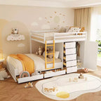Letto a Castello Completo con Armadio e Cassetti, Letto a Castello in Legno Full Size Salvaspazio con Spondina per Appartamento, Camera da Letto