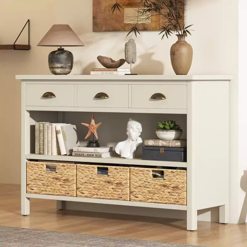 Consolle da Ingresso con Contenitore, Tavolo da Ingresso Stile Rustico con 3 Cassetti e 3 Cesti in Giacinto d'Acqua per Soggiorno o Ingresso - Panipeachy