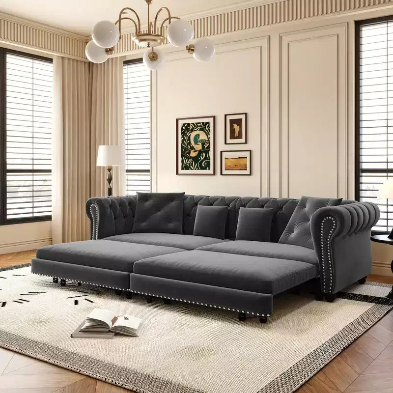 Divano Letto Estraibile 3-in-1 King Size in Velluto Whisen e Divano Letto Convertibile con Ottomana Mobile, Design Trapuntato