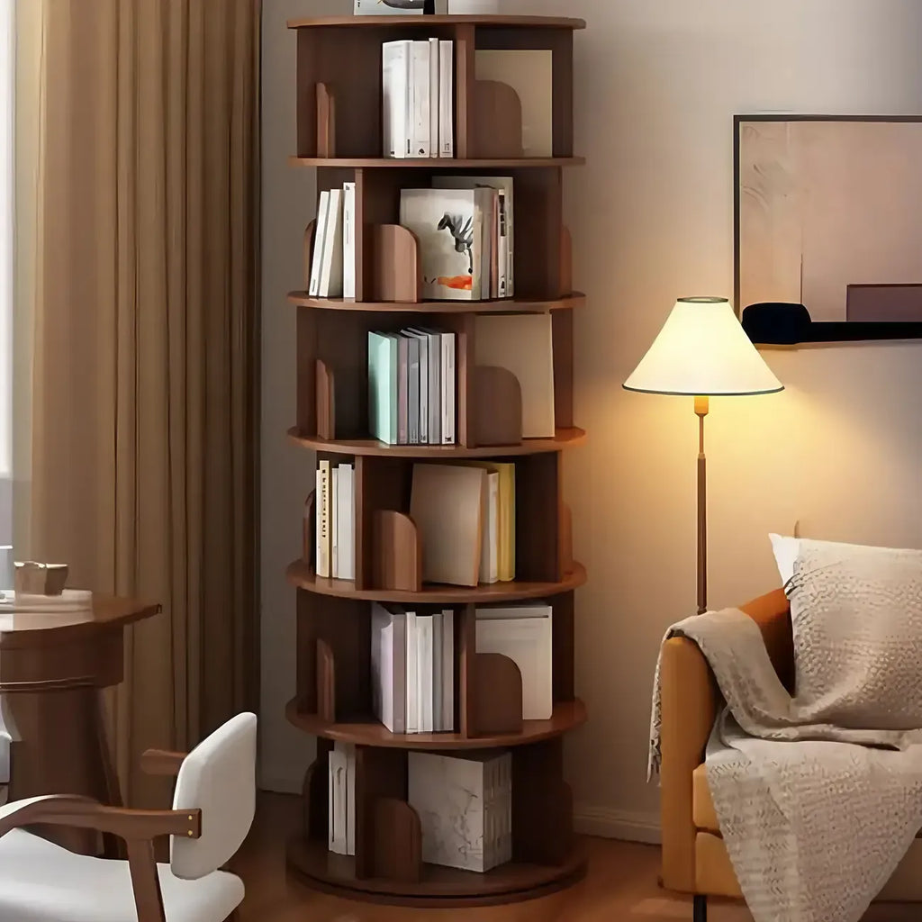Libreria girevole cilindrica in legno marrone con schienale aperto
