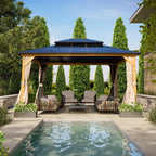 EROMMY Gazebo a tetto rigido, Pergola da esterno con doppio tetto, zanzariere e tende, Tenda da sole resistente per patio, cortile, feste in piscina
