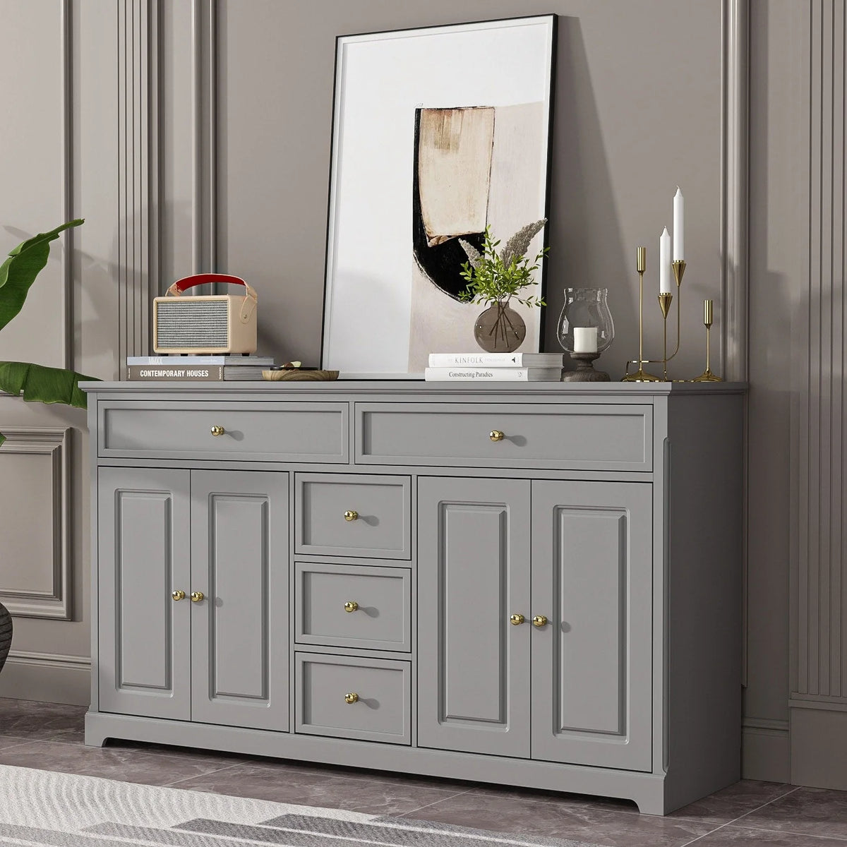 59.1'' Credenza Buffet Bianco Laccato Moderno Metà Secolo Contemporaneo