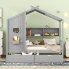 Letto a casetta in legno per bambini, piazza singola/matrimoniale, con 2 cassetti e ripiano portaoggetti - ModernLuxe