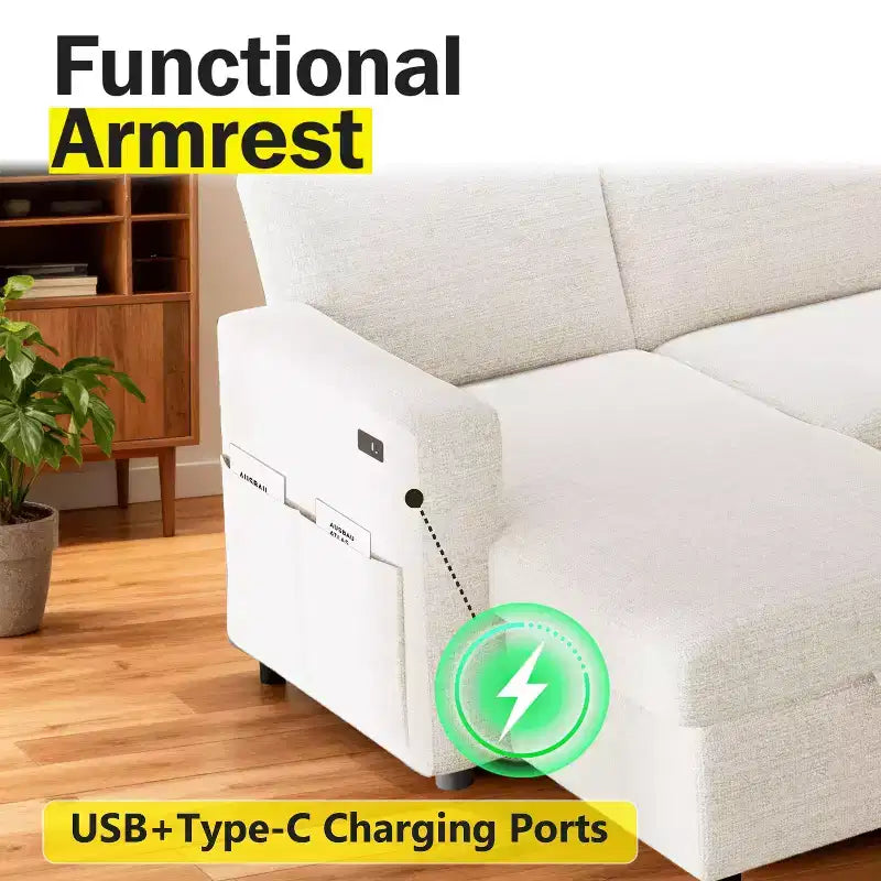 Canapé-lit sectionnel Dyonery 81, canapé-lit escamotable en forme de L avec méridienne de rangement réversible, USB, dossier inclinable