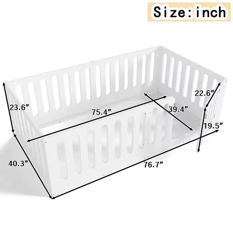Letto Montessori Matrimoniale Bianco a Terra con Spondine e Porta – Legno Massello, 1 Bambino