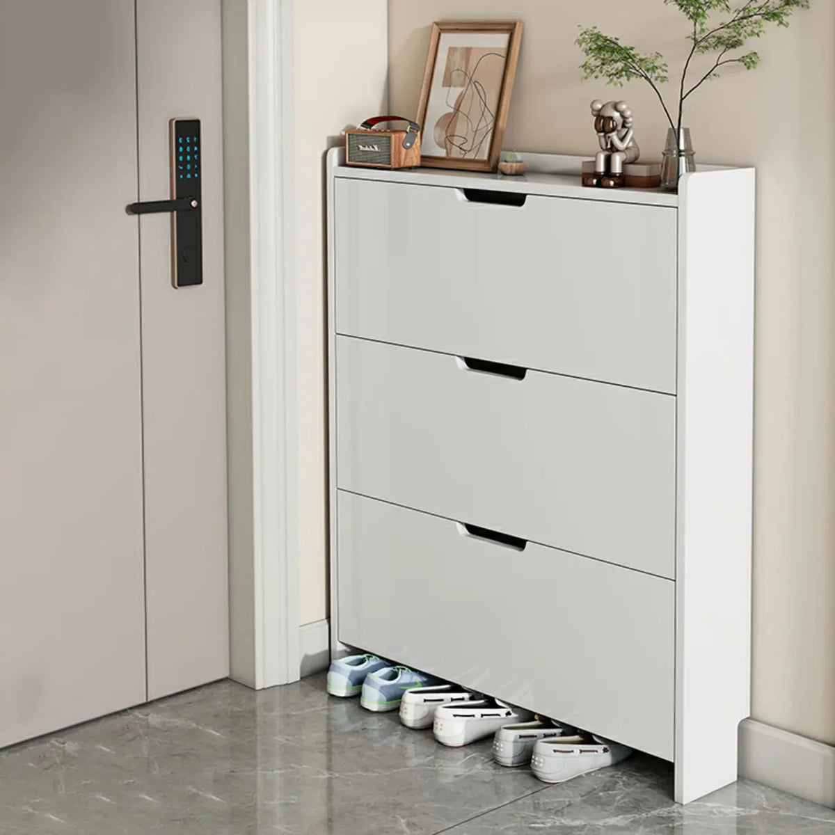 Meuble à chaussures 3 niveaux en bois blanc avec portes abattantes