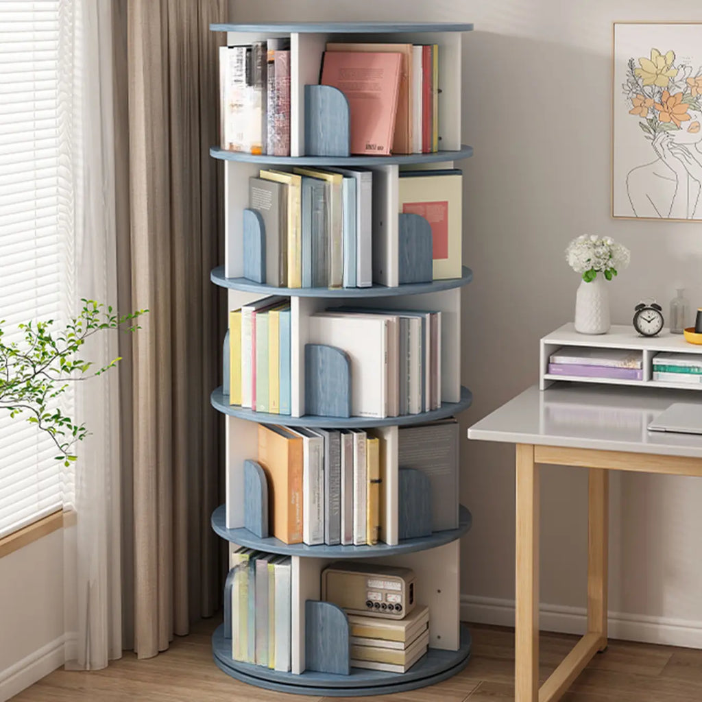 Libreria girevole cilindrica in legno marrone con schienale aperto
