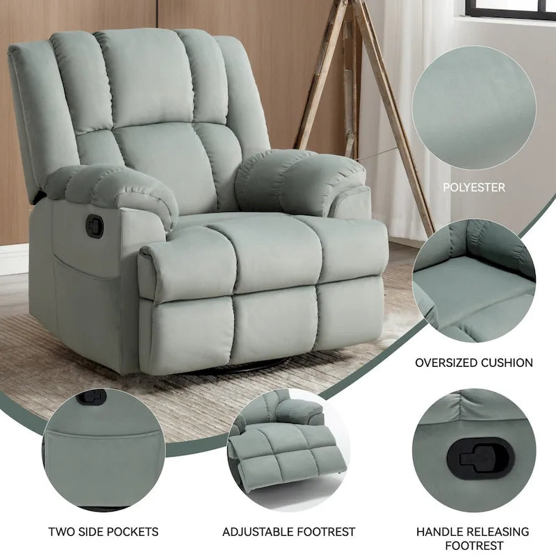 Poltrona reclinabile manuale oversize verde con girevole, dondolo e rivestimento in tessuto