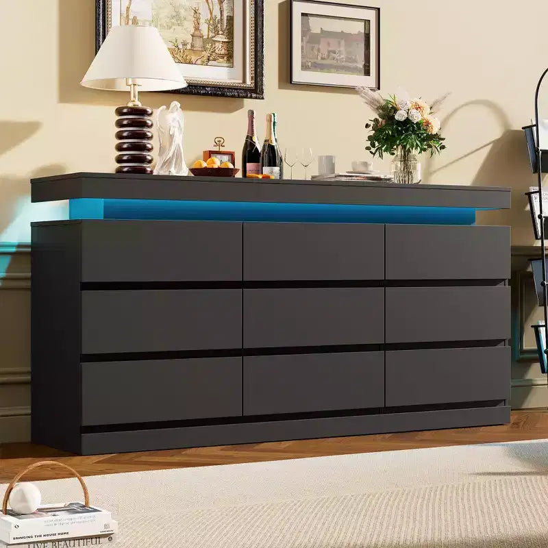 Comò a 9 cassetti per camera da letto, cassettiera con stazione di ricarica e luci LED, armadio doppio in legno, comò moderno porta TV