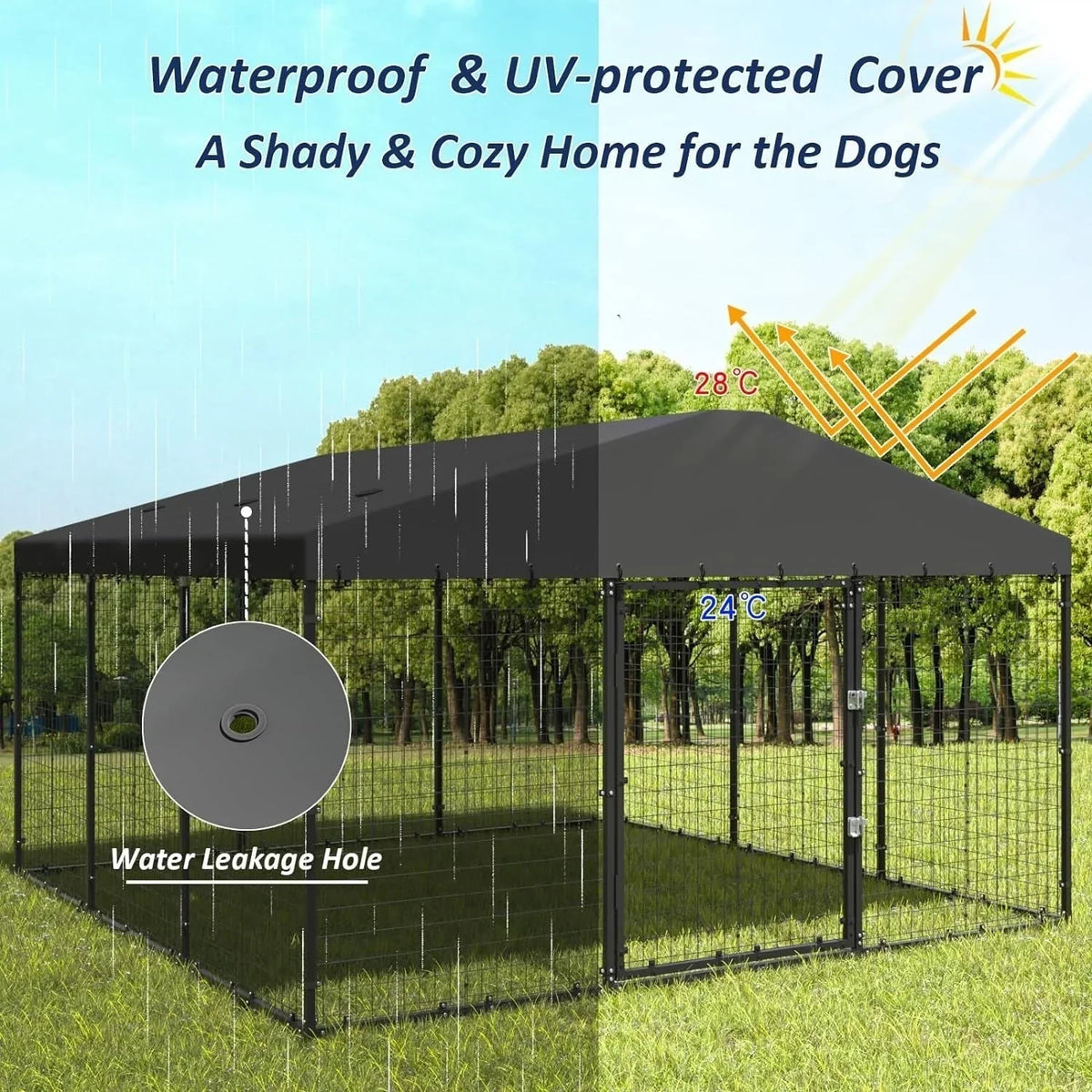 L 118 x P 118 x A 70 Cuccia grande per cani da esterno, Box recintato resistente per cani con tetto impermeabile