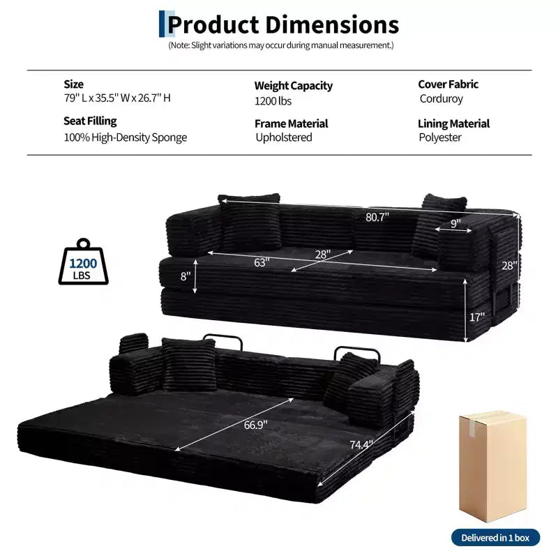 Canapé-lit convertible 5-en-1 80.7 – Côtelé, 1200 lbs, Aucun assemblage requis
