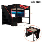 Lit mezzanine pleine grandeur pour gamer avec bureau et lumière LED, lit surélevé pleine grandeur en bois avec escalier de rangement et USB, rouge + noir
