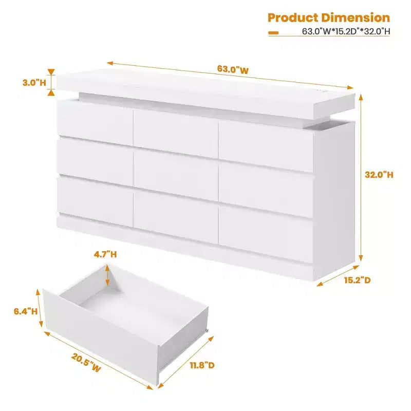 Comò a 9 cassetti per camera da letto, cassettiera con stazione di ricarica e luci LED, armadio doppio in legno, comò moderno porta TV