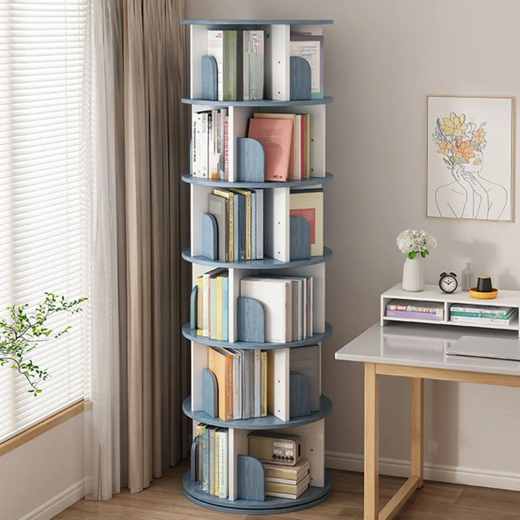 Libreria girevole cilindrica in legno marrone con schienale aperto