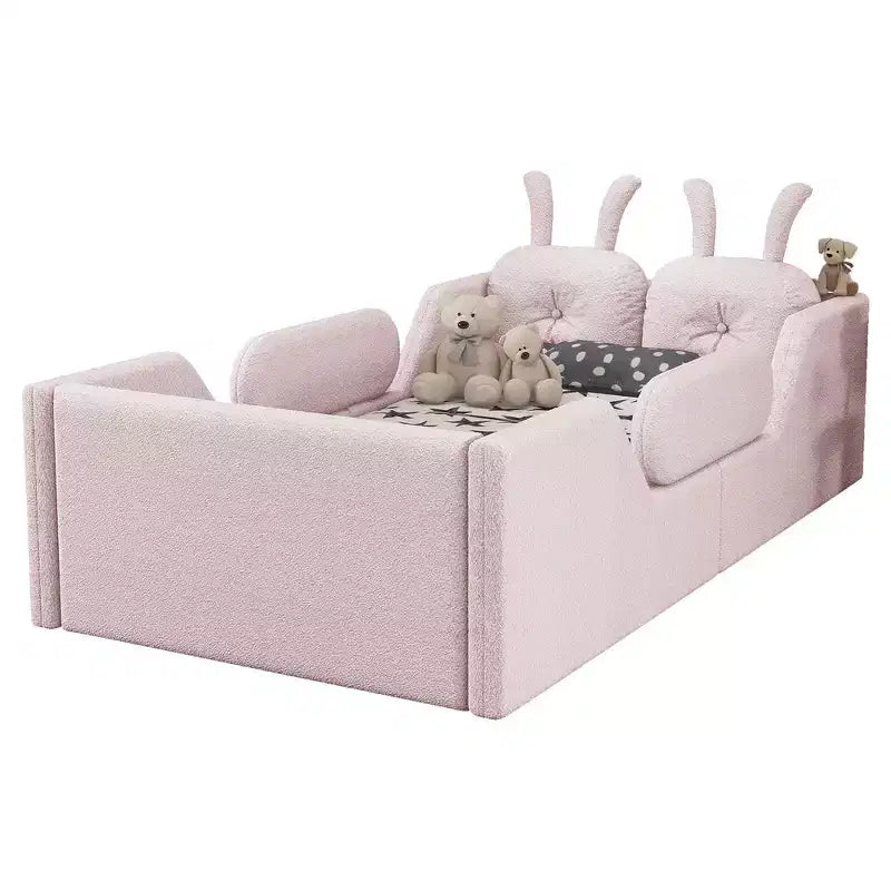 Whisen Twin - Letto a piattaforma, Letto imbottito da pavimento per bambini con cuscino a coniglio, Sponde laterali rimovibili