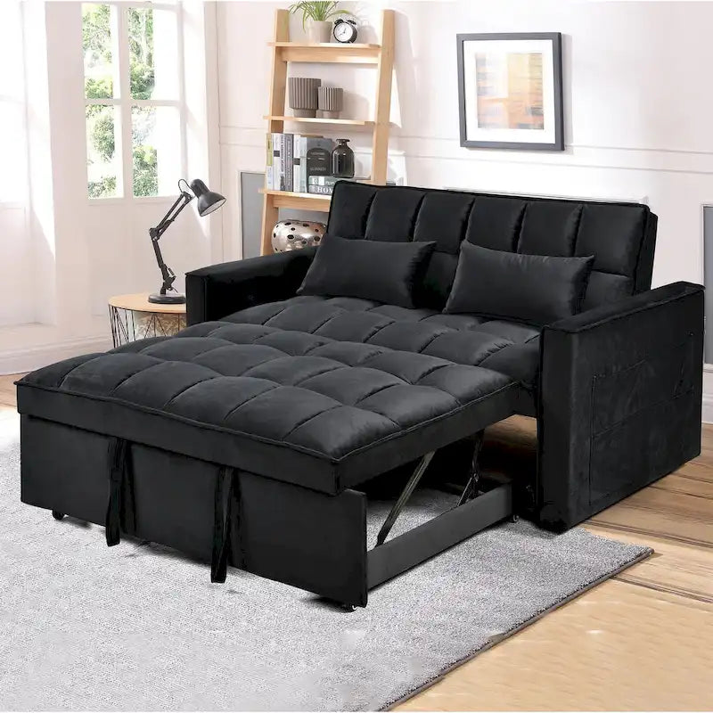 Divanetto futon moderno in velluto con schienale reclinabile e tasche, 2 posti – Grigio scuro / Grigio chiaro / Blu / Nero
