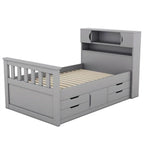 Letto a piattaforma Twin/Full Size Captain con 4 cassetti e mensole portaoggetti, struttura letto in legno massello con testiera libreria contenitore