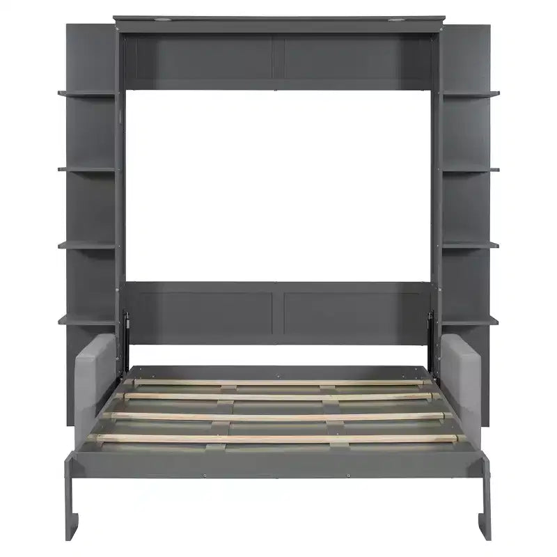 Letto a scomparsa Queen Murphy con divano, letto a scomparsa Queen Size con armadio, letto a parete pieghevole con libreria e mensole per camera degli ospiti o ufficio