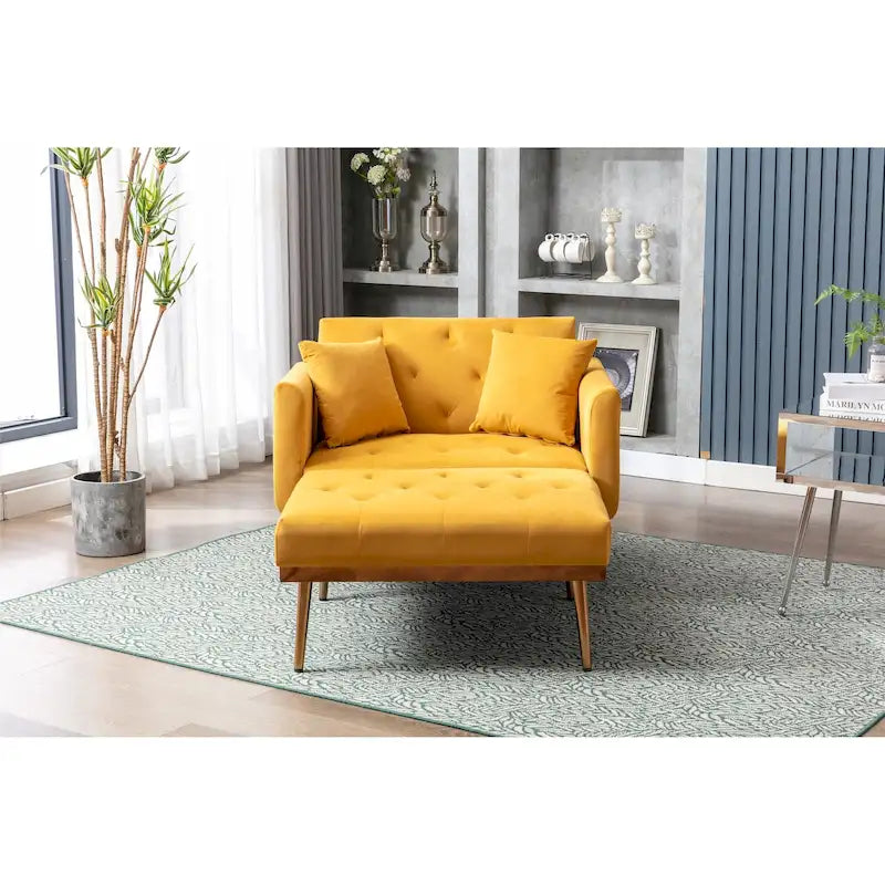 Divano letto-poltrona in velluto trapuntato con piedini color oro rosa per salotto