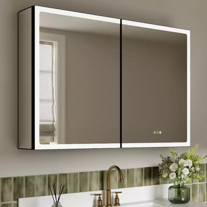 Pensile da Bagno con Specchio LED, Montaggio a Superficie o Incasso, Luce Dimmerabile, Antiappannamento, Ripiani Regolabili