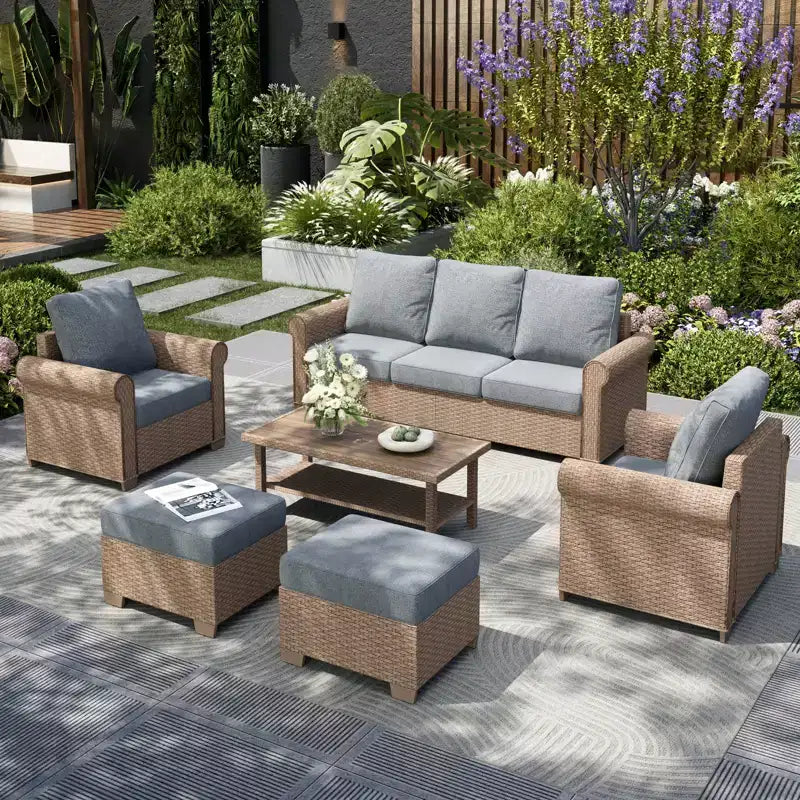 Captiva Designs Set Divano da Conversazione da Esterno di Lusso in Vimini a 6 Pezzi con Braccioli Curvi e Cuscini