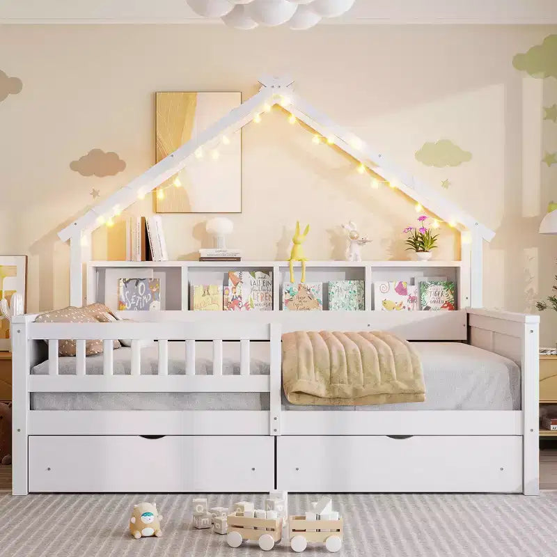 Struttura letto a casetta a grandezza naturale con cassetti, letto a piattaforma a casetta con luci LED, mensole e cassetti portaoggetti, divano letto in legno con tetto e sponda