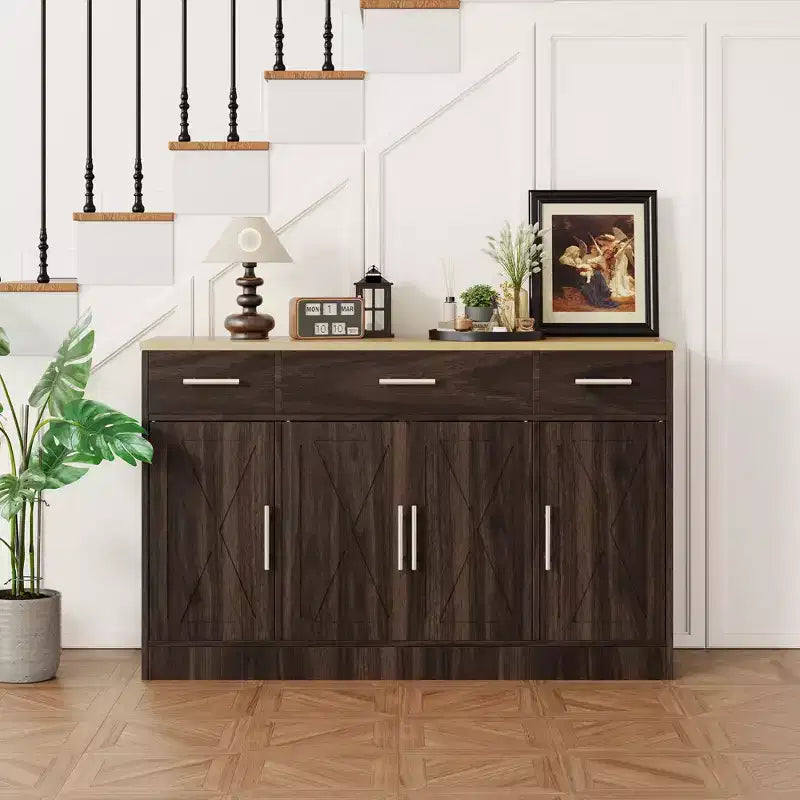 Mobile Buffet Celebalcony con Contenitore, Grande Mobile Contenitore da Cucina da 53,4 pollici con 3 Cassetti e 4 Ante, Ripiano Regolabile per Cucina, Soggiorno