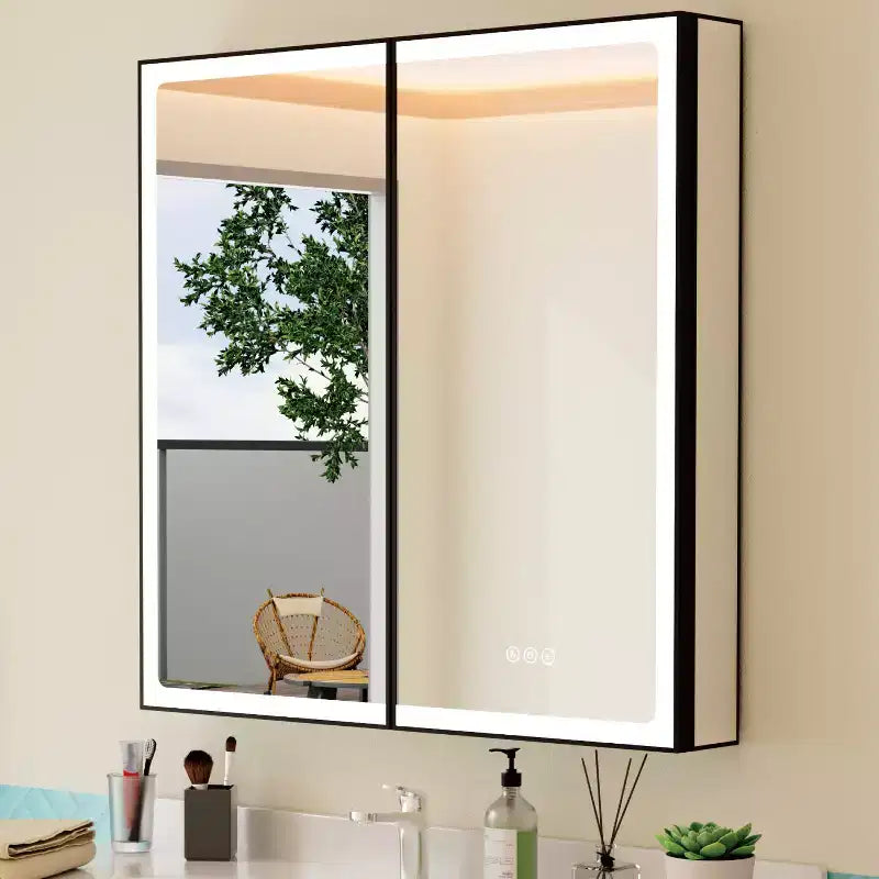Pensile da Bagno con Specchio LED, Montaggio a Superficie o Incasso, Luce Dimmerabile, Antiappannamento, Ripiani Regolabili