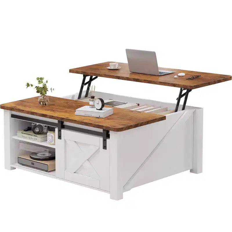 JIONJOY 31.5 Tavolino da Caffè con Piano Sollevabile, Ampio Vano Contenitore Nascosto, Scaffali Regolabili, Tavolo Centrale Quadrato in Stile Rustico per Soggiorno, Piccoli Spazi