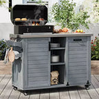 Isola cucina da esterno FAMYYT da 198,9 cm con piano di lavoro in acciaio inossidabile, stazione barbecue pieghevole e mobili contenitori, blu grigio